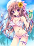  1girl beach bikini breasts brown_hair cherry day drink earrings flower food frills fruit hair_flower hair_ornament hat ice_cream ice_cream_float innertube jewelry kirishima_riona large_breasts long_hair navel necklace original purple_eyes shell_hair_ornament smile soda solo star sunflower_hair_ornament swimsuit 