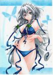  1girl bad_id bad_pixiv_id bikini braid breasts cleavage front-tie_top green_eyes izayoi_sakuya large_breasts maid_headdress navel robe shiny shiny_skin short_hair side-tie_bikini silver_hair solo swimsuit touhou twin_braids 