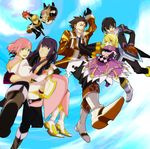  6+boys alvin_(tales) black_eyes black_gloves black_hair blonde_hair boots brown_eyes brown_hair carrying clenched_teeth coat cravat creature day dress elize_lutus estellise_sidos_heurassein falling full_body gloves green_eyes guy_cecil jade_curtiss jude_mathis knee_boots luke_fon_fabre multiple_boys multiple_girls nittama_(momo) pants pink_hair princess_carry red_hair short_hair sky sun tales_of_(series) tales_of_the_abyss tales_of_vesperia tales_of_xillia teepo_(tales) teeth white_gloves yellow_eyes yuri_lowell 