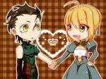  1girl ahoge artoria_pendragon_(all) bad_id bad_pixiv_id black_hair blonde_hair chibi couple crown dress fate/zero fate_(series) green_eyes hair_ribbon heart hetero holding_hands lancer_(fate/zero) plaid plaid_background ribbon saber shou_(paix) yellow_eyes 