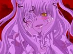  flower frills gathers hair_flower hair_ornament hands_on_own_cheeks hands_on_own_face kirakishou kyanpin long_hair looking_at_viewer open_mouth parody red_background rozen_maiden solo two_side_up yandere_trance yellow_eyes 