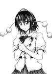  bad_id bad_pixiv_id blush bow greyscale hat hidefu_kitayan looking_at_viewer monochrome pom_pom_(clothes) shameimaru_aya simple_background skirt smile solo tokin_hat touhou white_background 