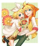  1girl :p aqua_eyes blonde_hair bouquet brother_and_sister casual dress flower hair_ornament hair_ribbon hairclip hood hoodie junji kagamine_len kagamine_rin open_mouth ribbon short_hair siblings sleeves_rolled_up smile tongue tongue_out twins vocaloid 