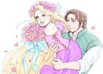  1girl blonde_hair bouquet flower flynn_rider holding kanaharu_0401 long_hair rapunzel_(disney) tangled very_long_hair wreath 