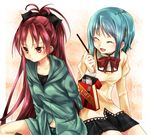  bad_id bad_pixiv_id blue_hair bow casual closed_eyes denim denim_shorts food hair_bow hair_ornament hairclip hood hoodie long_hair mahou_shoujo_madoka_magica midriff miki_sayaka multiple_girls navel pocky ponytail red_eyes red_hair sakura_kyouko school_uniform short_hair shorts tsukasa_kinako 