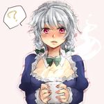  ? adapted_costume bad_id bad_pixiv_id braid breasts cleavage cup face hair_ribbon hands highres holding izayoi_sakuya maid maid_headdress medium_breasts mug open_mouth red_eyes ribbon short_hair silver_hair sketch sofy solo touhou twin_braids upper_body 