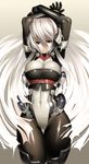  absurdres arms_up black_eyes bodysuit boots breasts bursting_breasts cleavage covered_navel highres horizon_ariadust imaoka kyoukaisenjou_no_horizon large_breasts long_hair no_nose pantyhose shiny silver_hair skindentation slender_waist solo thigh_boots thigh_gap thighhighs 