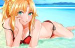  1girl aqua_eyes beach bikini black_ribbon blonde_hair braid breasts cleavage collarbone crown_braid day fate/grand_order fate_(series) front-tie_bikini front-tie_top grin groin head_rest highres long_hair looking_at_viewer lying medium_breasts mordred_(fate)_(all) mordred_(swimsuit_rider)_(fate) navel off_shoulder on_stomach outdoors red_bikini ribbon shiny shiny_skin side-tie_bikini smile solo swimsuit tomotomow00w 