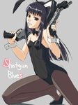  animal_ears black_eyes black_hair bow bowtie bunny_ears bunny_tail bunnysuit detached_collar dual_wielding flat_chest grin gun handgun holding kawanishi_futami long_hair m1911 original pantyhose pistol shotgun smile solo tail trigger_discipline weapon wrist_cuffs 