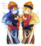 :d :p alternate_color bangs blonde_hair blue_hair blue_skin blush bow breast_press breasts china_dress chinese_clothes cleavage cleavage_cutout cowboy_shot cropped_legs dress dual_persona from_side hair_between_eyes hair_over_one_eye hat holding jack-o'-lantern jiangshi large_breasts long_hair long_sleeves looking_at_viewer multiple_girls ofuda open_mouth orange_eyes outline parted_bangs pumpkin purple_eyes sash sengoku_collection side_slit simple_background smile standing super_zombie tongue tongue_out translation_request turtleneck wavy_hair white_background wide_sleeves zhang_jiao_(sengoku_collection) 
