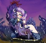 1girl anal blush cum female flat_chest fucked_silly gloves green_eyes monster oral purple_hair rir tentacle torn_clothes triple_penetration vaginal x-ray 