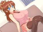  bare_shoulders blue_eyes blush breasts brown_hair futakano highres huge_breasts long_hair potato_house sitting skirt solo tank_top thighhighs 