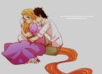  1girl absurdly_long_hair blonde_hair couple dress flynn_rider green_eyes hetero hug long_hair maseri_0117 rapunzel_(disney) tangled very_long_hair 