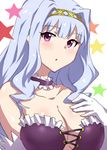  breasts dress gloves idolmaster idolmaster_(classic) large_breasts long_hair minato_satoi open_mouth purple_eyes shijou_takane silver_hair solo 