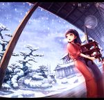  amagi_yukiko apron black_hair carrying fisheye futsuka_(dzone) hairband highres japanese_clothes kimono looking_back persona persona_4 snow solo stairs tray tree 