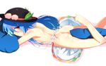  apron ass back barefoot between_thighs blue_hair blush food fruit hat hinanawi_tenshi homura_subaru long_hair looking_at_viewer looking_back lying naked_apron nude on_stomach peach pillow red_eyes shoulder_blades solo touhou 
