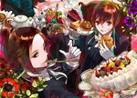  alternate_costume bad_id bad_pixiv_id braid brown_eyes brown_hair cake candy eating flower food fork formal gloves highres ling_tong lu_xun male_focus mole multiple_boys plate ponytail saka-ki shin_sangoku_musou teapot twin_braids 