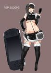  aya:hito black_eyes black_hair breasts detached_sleeves elbow_gloves garters gloves handheld_game_console medium_breasts midriff navel playstation_portable side_ponytail solo thighhighs underboob 