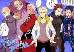  archer bad_id bad_pixiv_id black_hair book caster_(fate/zero) casual dark_skin dark_skinned_male earrings fate/stay_night fate/zero fate_(series) fishing_rod gilgamesh highres jewelry kayneth_el-melloi_archibald lancer lancer_(fate/zero) male_focus mayuki_(ubiquitous) multiple_boys red_eyes shaded_face tears translation_request white_hair 