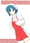  apron blue_hair bowl brown_eyes dutch_angle gobanme_no_mayoi_neko hand_on_hip head_scarf highres nakamura_aika persona persona_4 short_hair solo 