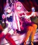  bad_id bad_pixiv_id breasts cleavage cup dress drinking_glass elbow_gloves gloves hatsune_miku holding_hands long_hair medium_breasts megurine_luka multiple_girls orange_legwear pantyhose pink_hair purple_hair red_legwear sitting smile strapless strapless_dress suminosumire thighhighs twintails very_long_hair vocaloid wine_glass 
