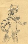  arm_warmers balls clothing collar crossdressing erection feline girly gloves hair hand_on_hip humanoid_penis hybrid long_hair looking_at_viewer male mammal monochrome navel nude penis plain_background pose red_panda solo stripes tail tiger tush 
