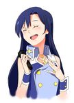  bare_shoulders blue_hair blush closed_eyes cross gulim hand_on_own_chest idolmaster idolmaster_(classic) jewelry kisaragi_chihaya long_hair microphone necklace open_mouth sleeveless smile solo tears upper_body wrist_cuffs 