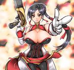  1girl bare_shoulders black_hair bow_(weapon) breasts brown_eyes cleavage crossbow elbow_gloves finger_gun foreshortening gloves hips huge_breasts lian_shi long_hair pointing shin_sangoku_musou shin_sangoku_musou_6 smile solo weapon 