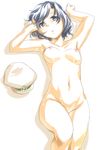  after_sex arm_up armpits bad_id bad_pixiv_id black_hair blue_eyes breasts collarbone convenient_leg cum face groin hat hat_removed headwear_removed highres lying murasa_minamitsu nipples nude shirane_koitsu short_hair small_breasts solo sweat touhou 