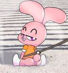  anus bottomless buckteeth butt cartoon clothed clothing cub female freeflyspecter fur half-dressed lagomorph looking_at_viewer looking_back mammal pink pink_fur purple_eyes pussy rabbit sitting smile solo tail the_amazing_world_of_gumball young 