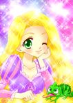  absurdres blonde_hair dress green_eyes highres long_hair one_eye_closed pascal_(tangled) rapunzel_(disney) shoko-tan smile sparkle tangled very_long_hair 