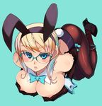  :o animal_ears blonde_hair blue_eyes blush bow bowtie breast_hold breasts bunny_ears bunny_tail bunnysuit elbow_gloves full_body glasses gloves high_heels kusanagi_tonbo large_breasts nipple_slip nipples original pantyhose shoes short_hair simple_background solo tail topless 