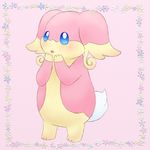  big_ears blue_eyes blush fluffy_tail hands_on_face hands_on_mouth nintendo pink pink_background pink_body plain_background pok&#233;mon pok&eacute;mon siho1209 solo standing tail video_games 