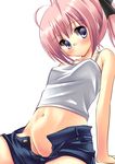  antenna_hair arm_support blue_eyes blush breasts camisole covered_nipples groin midriff nanashi_(soregashi) navel no_panties open_fly original pink_hair ponytail short_shorts shorts simple_background sitting small_breasts solo unzipped 