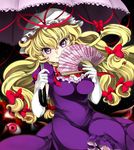  blonde_hair dress elbow_gloves eyes fan folding_fan gloves hat ninamo paper_fan parasol purple_eyes solo touhou umbrella white_gloves yakumo_yukari 