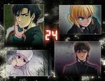  2boys 2girls artoria_pendragon_(all) black_hair blonde_hair brown_eyes brown_hair cellphone emiya_kiritsugu fate/zero fate_(series) green_eyes hat irisviel_von_einzbern jack_bauer kotomine_kirei koyama_rikiya long_hair multiple_boys multiple_girls nk_xs phone red_eyes saber seiyuu_connection white_hair 