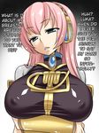  angry blue_eyes breast_hold breasts crossed_arms erect_nipples female hard_translated huge_breasts kanya_pyi large_breasts lips long_hair looking_at_viewer lowres megurine_luka nipples pink_hair shirt solo taut_clothes taut_shirt thighhighs translated tsundere vocaloid 