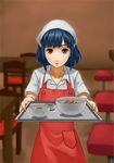  apron blue_hair blurry bowl brown_eyes chair depth_of_field food gyuudon head_scarf meat mimitabu miso_soup nakamura_aika persona persona_4 short_hair solo table tray waitress 