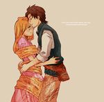  1girl blonde_hair brown_hair closed_eyes couple dress flynn_rider forehead_kiss green_eyes hetero hug kiss long_hair maseri_0117 pout rapunzel_(disney) short_hair tangled very_long_hair 