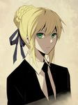  artoria_pendragon_(all) blonde_hair fate/zero fate_(series) formal hair_ribbon necktie ribbon saber sakuyamochi solo suit 