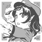  greyscale hat jiangshi miyako_yoshika monochrome ofuda open_mouth outstretched_arms pointy_ears short_sleeves solo touhou yukataro zombie_pose 