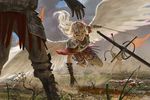 androgynous angel angel_wings armor bangs battle battlefield blonde_hair boots dust elbow_gloves fantasy flag flying from_ground gloves grass johannes_voss lance long_hair original polearm rapier scar shield smoke sword weapon white_wings wings 