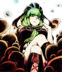  bangs baten_(gei-vorugu) blunt_bangs boots bow colorized cross-laced_footwear crossed_legs frills from_below front_ponytail green_eyes green_hair hair_bow highres kagiyama_hina knee_boots lace-up_boots long_hair nakamura_regura ribbon sitting solo touhou 