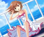  brown_eyes brown_hair clouds dress fang kamiko_to_seiryoku misaka_mikoto short_hair sky summer_dress to_aru_kagaku_no_railgun to_aru_majutsu_no_index 