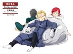  2boys barefoot black_hair blonde_hair closed_eyes fate/zero fate_(series) flyinghigh gloves kayneth_el-melloi_archibald lancer_(fate/zero) multiple_boys red_hair socks sola-ui_nuada-re_sophia-ri volumen_hydragyrum 