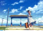  absurdres armpits blue_eyes blue_hair braid day dress flower gate hand_on_headwear hat hat_flower highres hisakata_souji ribbon scenery sky solo suitcase sundress twin_braids white_dress wind 