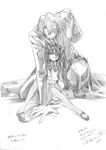  1girl akio0615 cassock child cross fate/stay_night fate/zero fate_(series) graphite_(medium) greyscale hair_ribbon jewelry kotomine_kirei long_hair mary_janes monochrome necklace ribbon shoes tears thighhighs toosaka_rin traditional_media translation_request trench_coat twintails younger 