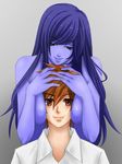  ao_oni blue_hair blue_skin breast_smother breasts brown_hair monster_girl takurou_(ao_oni) the_oni_(ao_oni) 