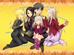  1boy 4girls ^_^ artoria_pendragon_(all) black_legwear boots closed_eyes emiya_kiritsugu family fate/zero fate_(series) father_and_daughter food formal heart high_heels hisau_maiya illyasviel_von_einzbern irisviel_von_einzbern long_hair mot multiple_girls pant_suit pantyhose pocky ponytail saber shoes sitting sitting_on_lap sitting_on_person suit thigh_boots thighhighs white_hair 