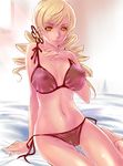  arm_support bad_id bad_pixiv_id barefoot bed blonde_hair bra breasts dodai_shouji drill_hair highres jewelry large_breasts lingerie lips long_hair looking_at_viewer mahou_shoujo_madoka_magica navel nipples panties pubic_hair red_bra red_panties ring see-through side-tie_panties smile solo tomoe_mami underwear underwear_only wedding_band yellow_eyes 